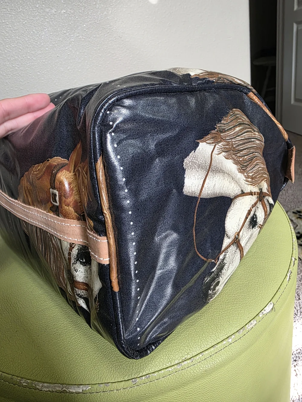 Vintage Equestrian Horse Print Hand Bag Navy Coated Vachetta Leather Handles